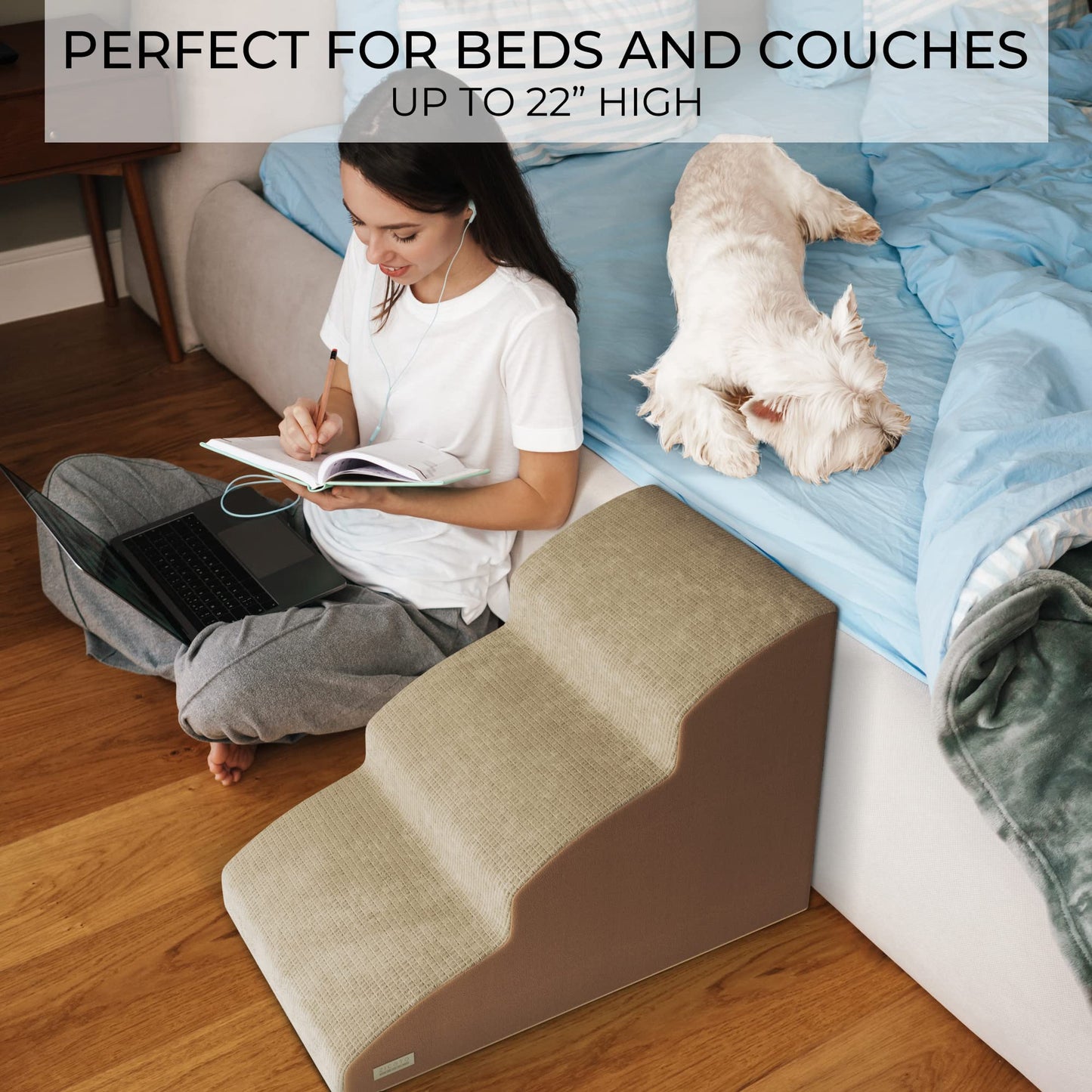 Sturdy Dog Stairs and Ramp for Beds Or Couches by ZICOTO - Durable Easy to Walk on Steps for Small Dogs and Cats - Allows Your Pets Easy Instant Access to Your Sofa or Bedside Up to 22" High