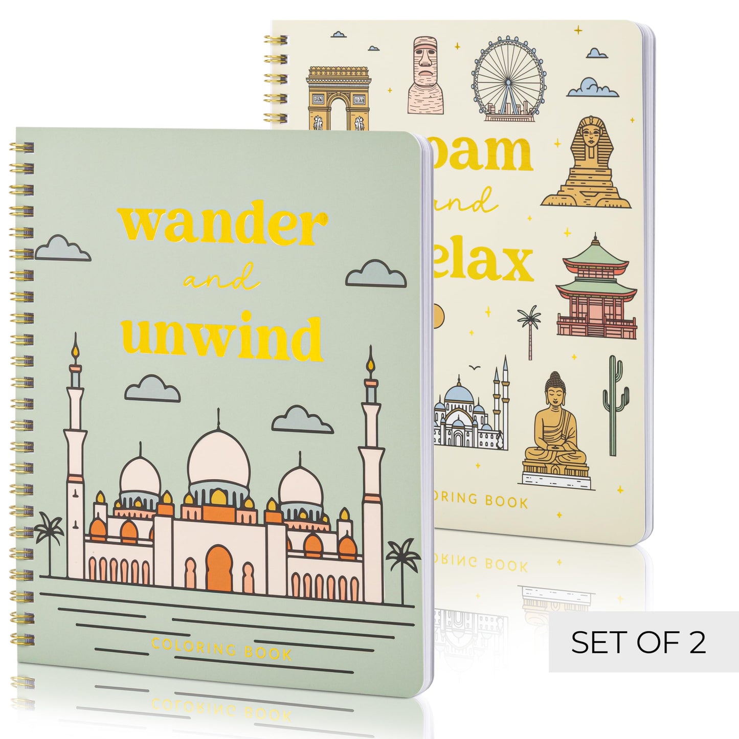 Beautiful Adult Coloring Book Set of 2 for Relaxation - Inspirational Adventures and Sightseeing Spots for The Spirit of Wanderlust - Perfect Stress-Relieving Gift for Women