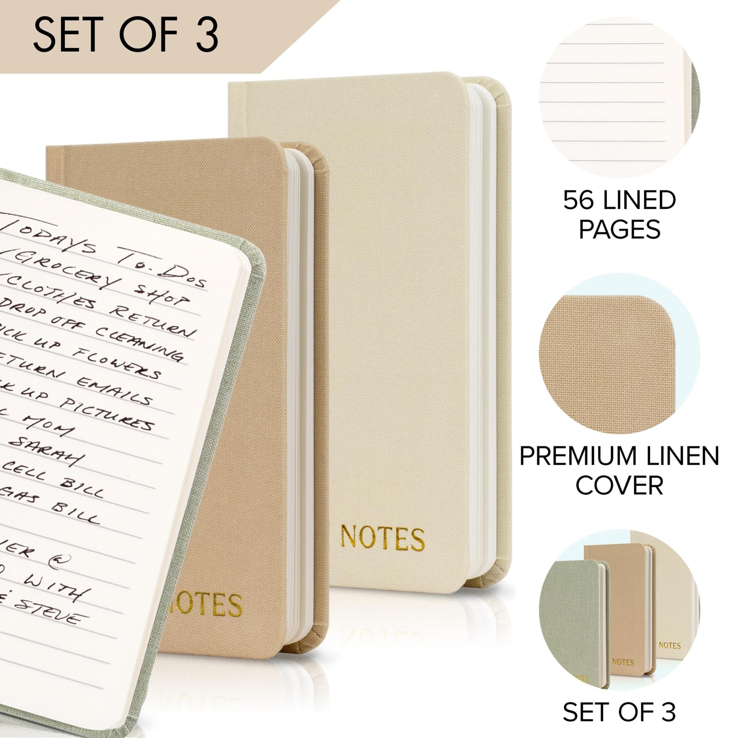 ZICOTO Aesthetic Linen Pocket Notebooks Set Of 3 For Women & Men - Small Pocket Size 3x5 Notepads With Lined Pages - Cute Linen Mini Note Pads to Stay Organized and Boost Productivity