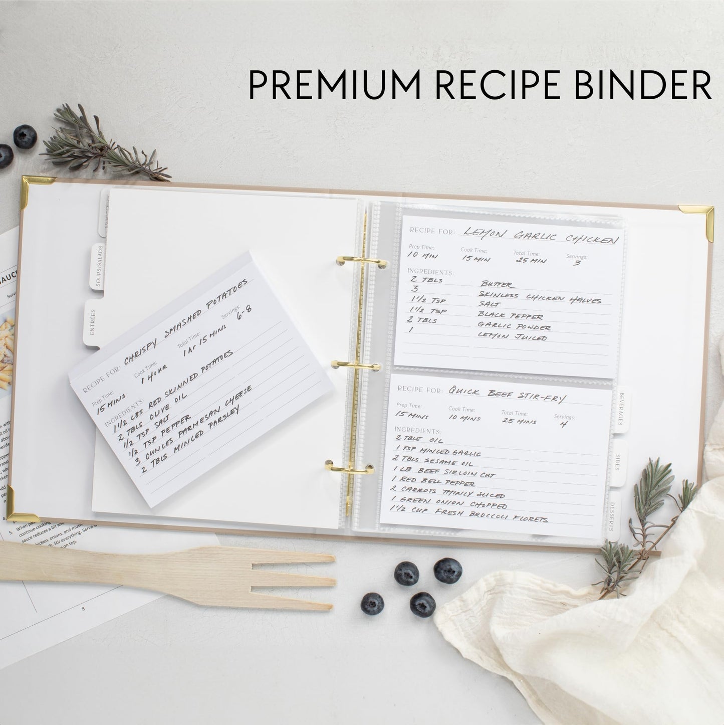 Aesthetic Recipe Binder with Polyester Waterproof cloth Cover - The Perfect Recipe Book with Plastic Sleeves to Write in Your Own Recipes - Quality Blank Cookbook Binder, Cards incl.