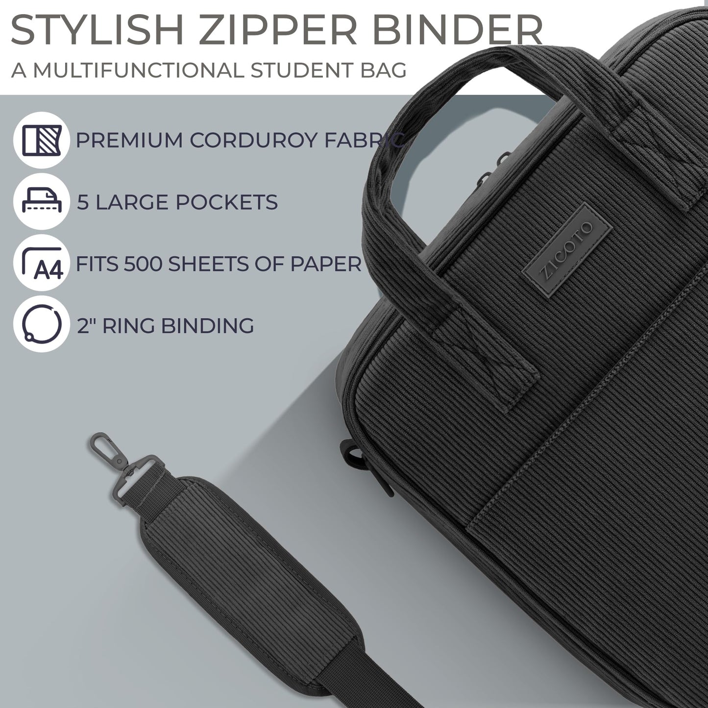 Sturdy 3-Ring Zipper Binder with Shoulder Strap for School – Beautiful 2-Inch Zip-Up Binder with Extra Pockets Holds 500 Sheets, Books & Laptop – Easy-to-Carry Trapper Keeper Made of Premium Fabric