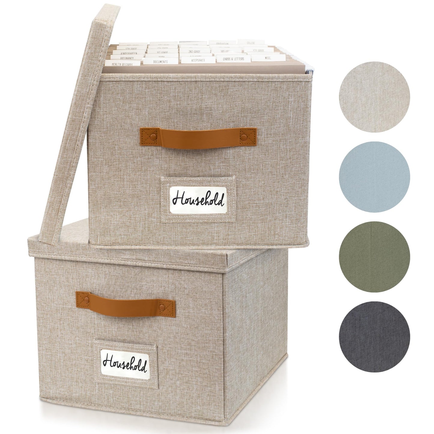 ZICOTO Decorative File Organizer Box Set of 2 - Collapsible Linen Filing Cabinets w/Handles Are Perfect to Store all Your Documents & Hanging File Folders - Portable Easy Slide Crates with Lid