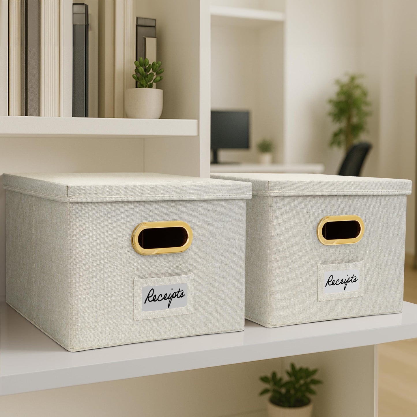 ZICOTO Decorative File Organizer Box Set of 2 - Collapsible Linen Filing Cabinets w/Handles Are Perfect to Store all Your Documents & Hanging File Folders - Portable Easy Slide Crates with Lid