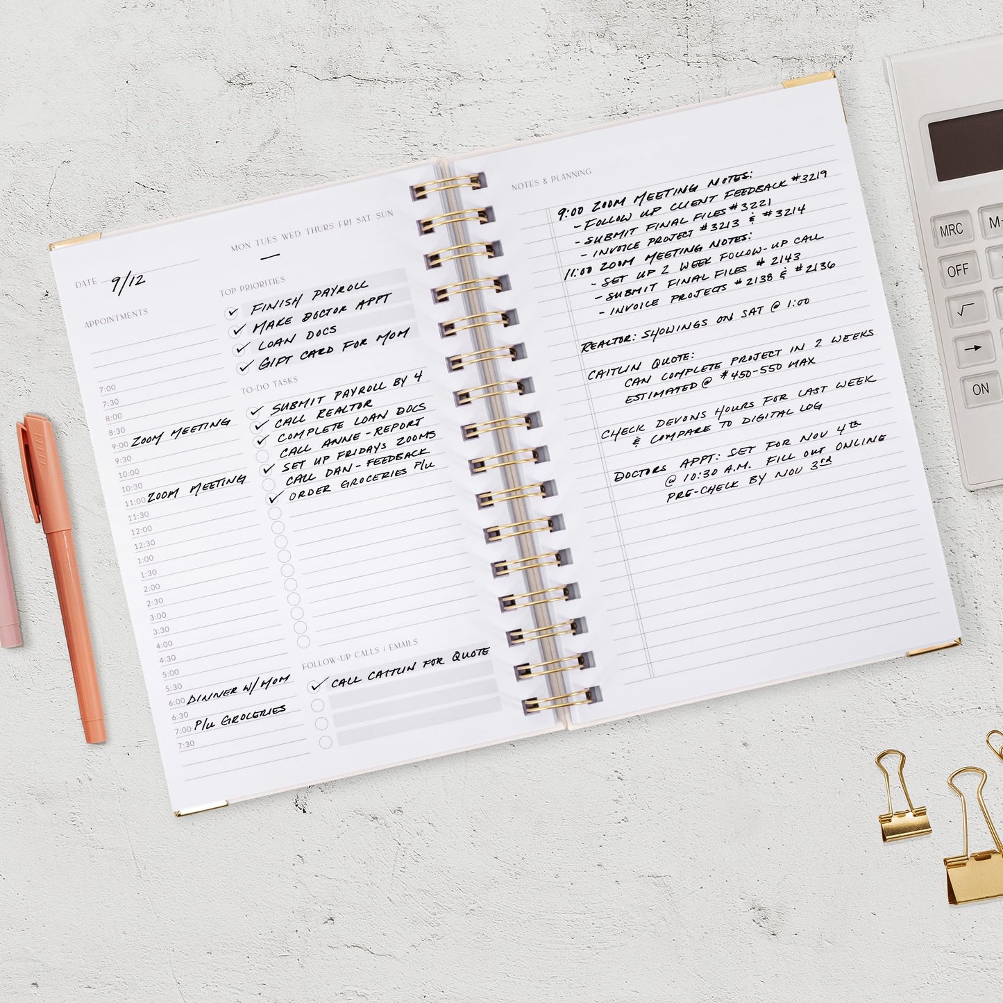 ZICOTO Aesthetic Daily Planner And Notebook With Hourly Schedule - Beautiful Spiral To do List Notepad For Work/Home to Organize Tasks And Appointments - Stylish School/Office Supplies Book For Women
