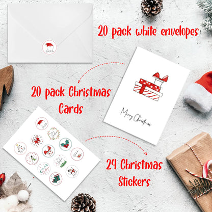 ZICOTO Beautiful Modern Christmas Cards Set of 20 - Incl. Bulk Envelopes, Matching Stickers And Storage Box - Perfect to Send Warm Holiday Wishes to Friends and Family