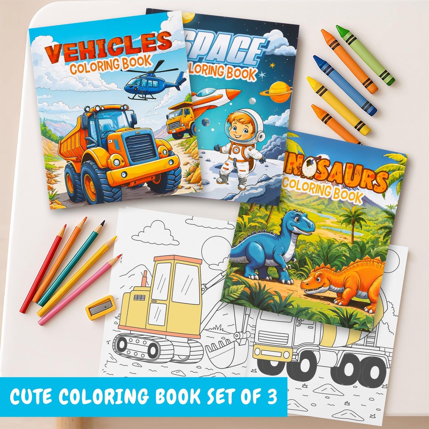 Fun Coloring Books for Kids Set of 3 - Exciting Dinosaur, Space & Trucks Coloring Book for Boys Ages 4-8 - Easy to Color Gift for Your Creative Little One