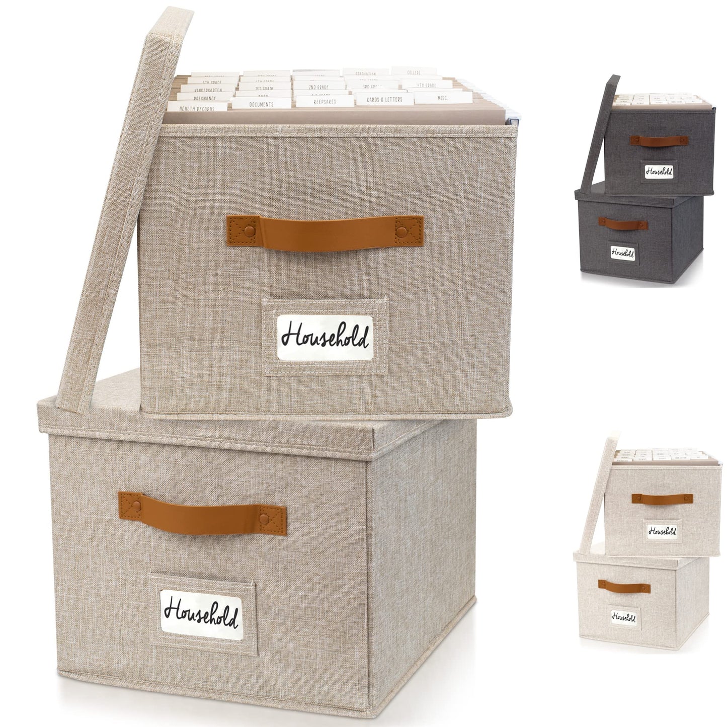 ZICOTO Decorative File Organizer Box Set of 2 - Collapsible Linen Filing Cabinets w/Handles Are Perfect to Store all Your Documents & Hanging File Folders - Portable Easy Slide File Crates with Lid