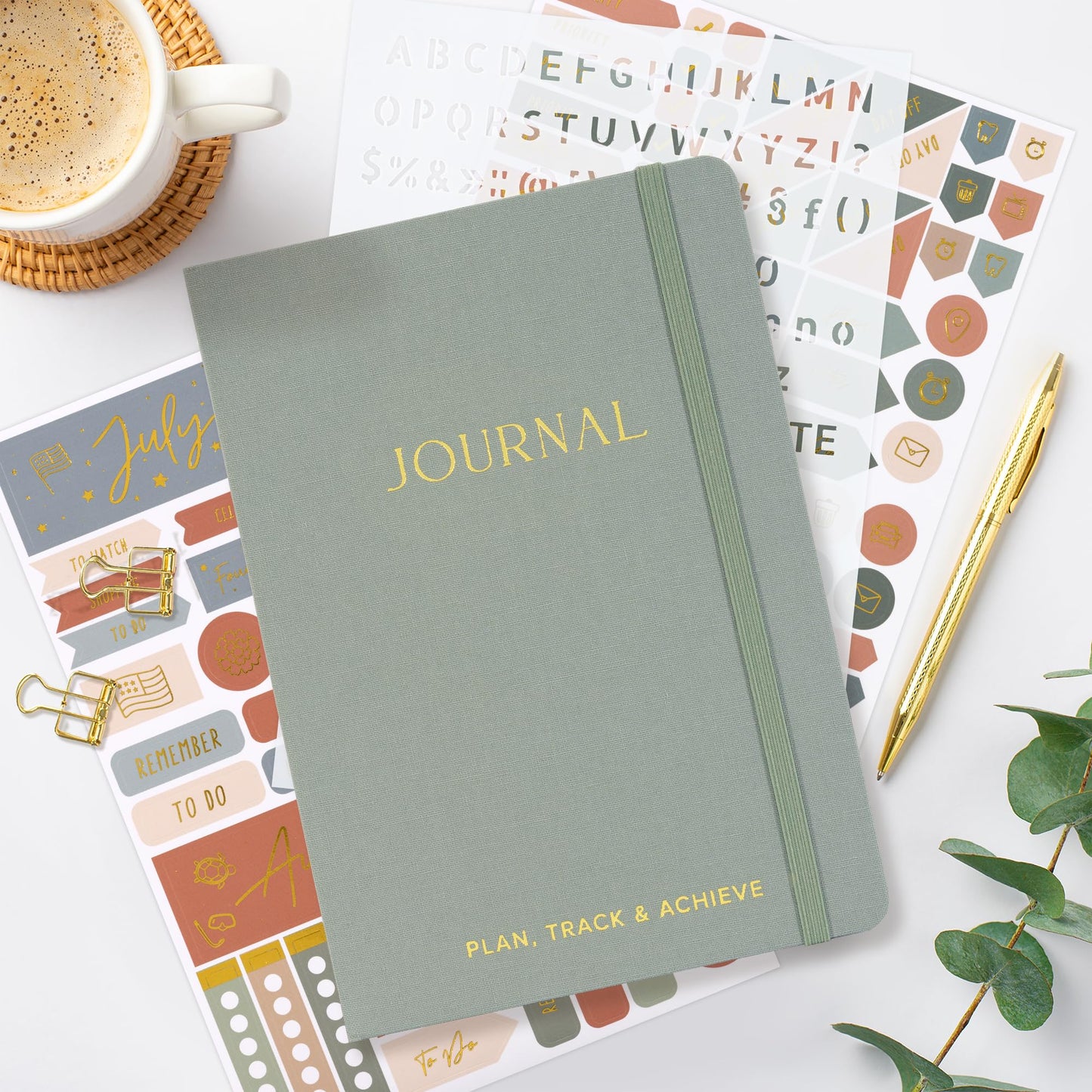 ZICOTO Ultimate All-in-One Journaling Kit - Incl. Journal Notebook With Linen Hardcover and Dotted Pages, Stencils, Stickers, Washi Tapes, Paper Clips and More Bullet Checklist Supplies