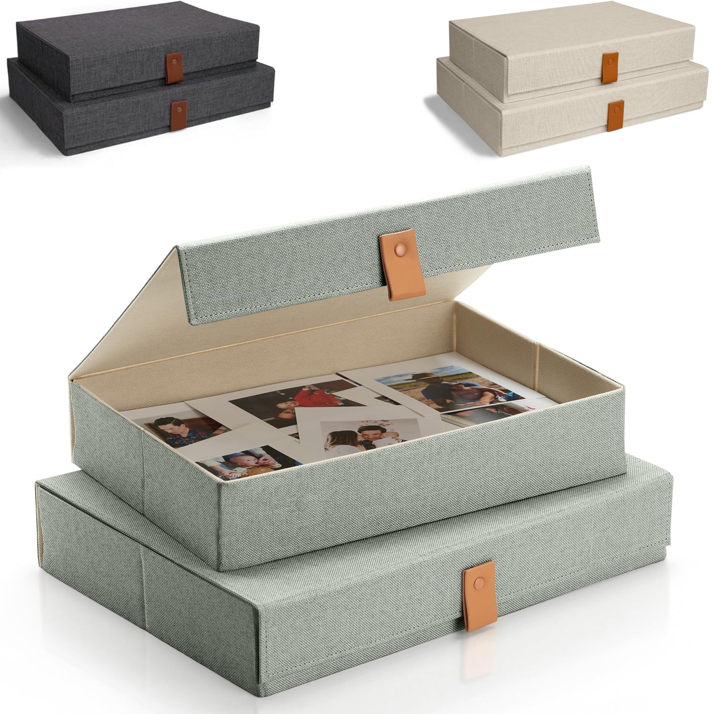 Decorative Photo Storage Boxes with Lids - Set of 2 Beautiful Linen Organizers Are Perfect to Safely Store Your Pictures, Documents, Scrapbooking Supplies, Keepsakes and Other Memories in Style