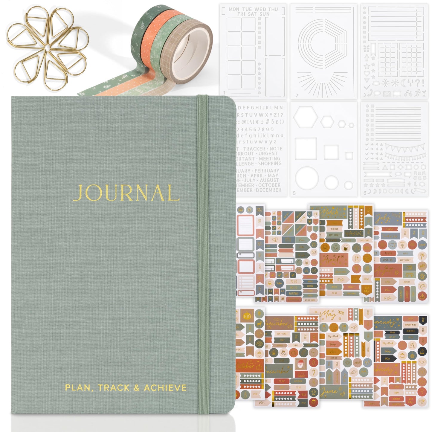 ZICOTO Ultimate All-in-One Journaling Kit - Incl. Journal Notebook With Linen Hardcover and Dotted Pages, Stencils, Stickers, Washi Tapes, Paper Clips and More Bullet Checklist Supplies