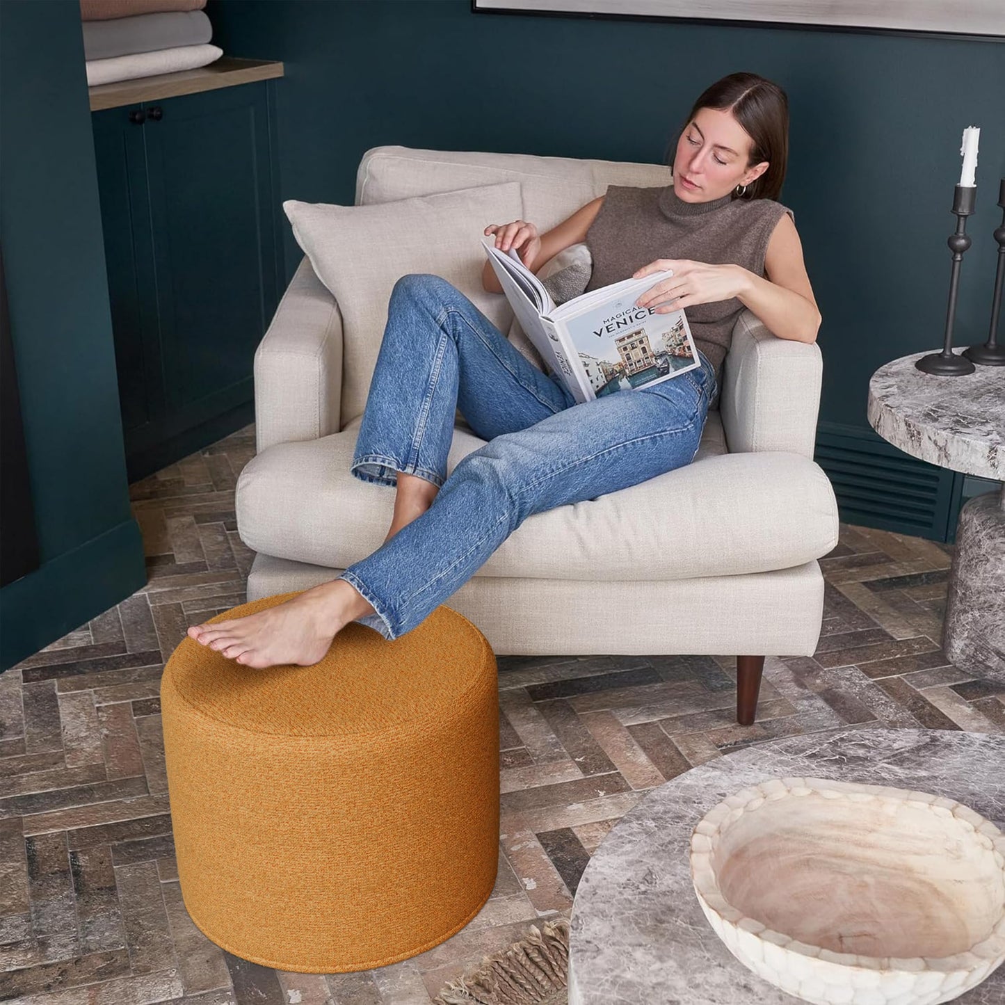 ZICOTO Beautiful Boucle Pouf Ottoman and Foot Rest - Elevate Your Living Room Decor with Lightweight Comfort and Charm - A Round Modern Foam Filled Foot Stool Perfect to Rest Your Feet