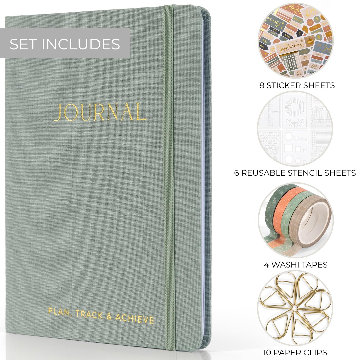 ZICOTO Ultimate All-in-One Journaling Kit - Incl. Journal Notebook With Linen Hardcover and Dotted Pages, Stencils, Stickers, Washi Tapes, Paper Clips and More Bullet Checklist Supplies
