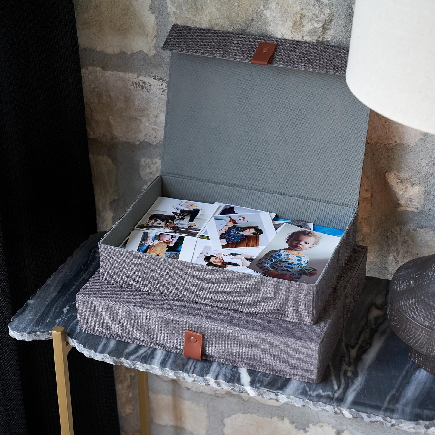 Decorative Photo Storage Boxes with Lids - Set of 2 Beautiful Linen Organizers Are Perfect to Safely Store Your Pictures, Documents, Scrapbooking Supplies, Keepsakes and Other Memories in Style