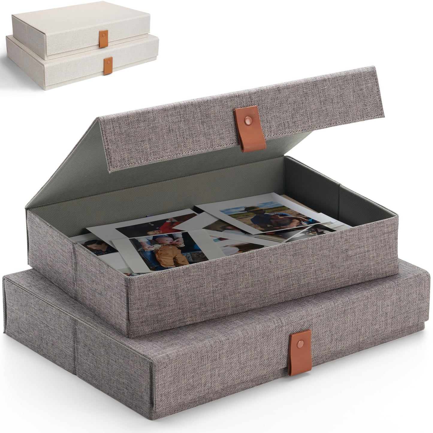 Decorative Photo Storage Boxes with Lids - Set of 2 Beautiful Linen Organizers Are Perfect to Safely Store Your Pictures, Documents, Scrapbooking Supplies, Keepsakes and Other Memories in Style