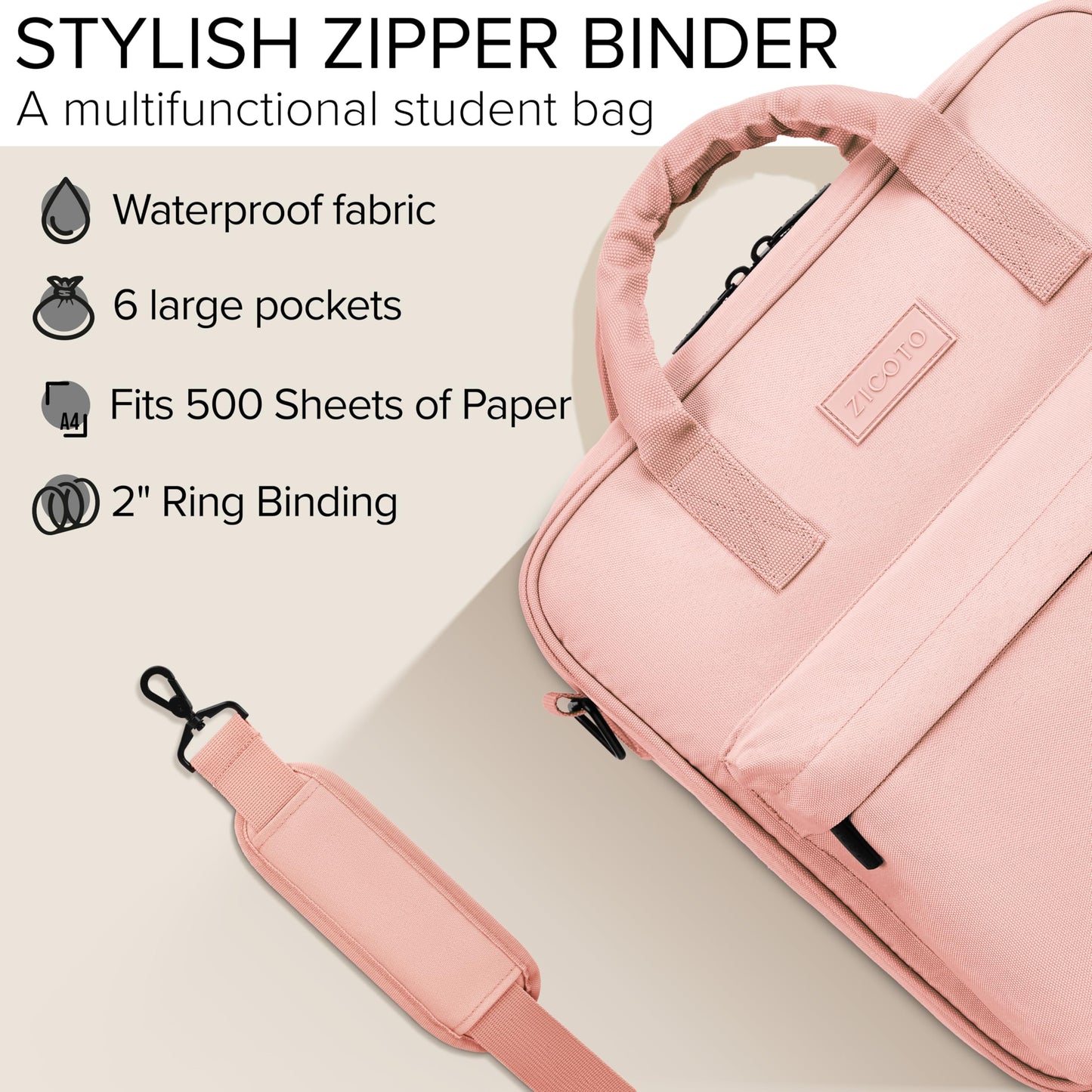 Sturdy 3 Ring Zipper Binder with Shoulder Strap for School - Beautiful 2 Inch Zip Up Binder with Extra Pockets Holds 500 Sheets, Books & Laptop - Easy to Carry Trapper Keeper Made of Premium Fabrics