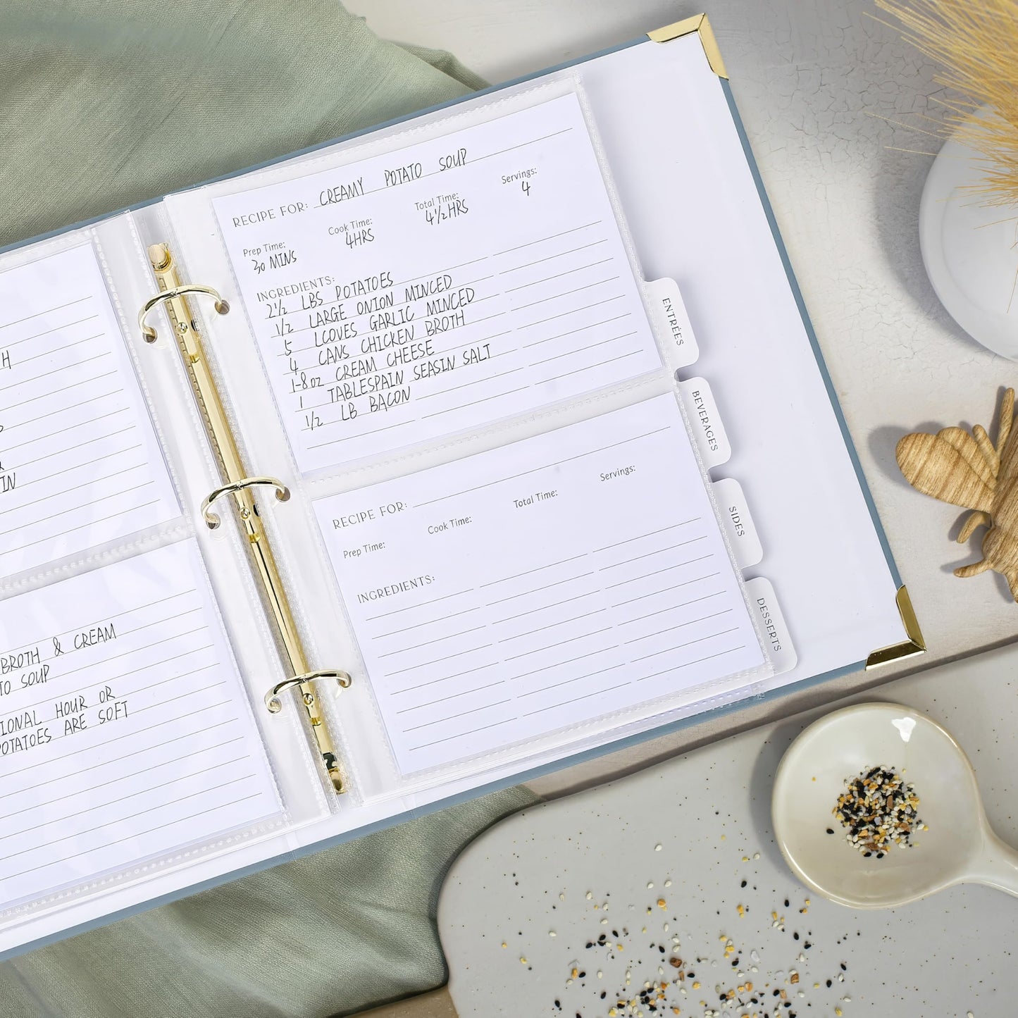 Aesthetic Recipe Binder with Polyester Waterproof cloth Cover - The Perfect Recipe Book with Plastic Sleeves to Write in Your Own Recipes - Quality Blank Cookbook Binder, Cards incl.