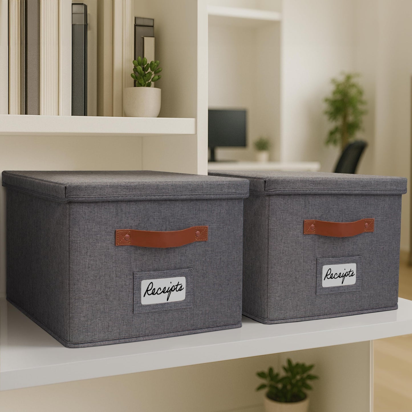 ZICOTO Decorative File Organizer Box Set of 2 - Collapsible Linen Filing Cabinets w/Handles Are Perfect to Store all Your Documents & Hanging File Folders - Portable Easy Slide Crates with Lid