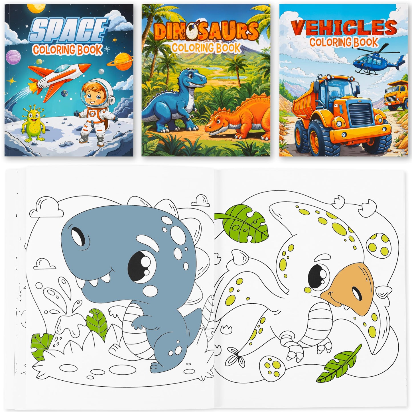 ZICOTO Fun Coloring Books for Kids Set of 3 - Exciting Dinosaur, Space & Trucks Coloring Book for Boys Ages 4-8 - Easy to Color Gift for Your Creative Little One