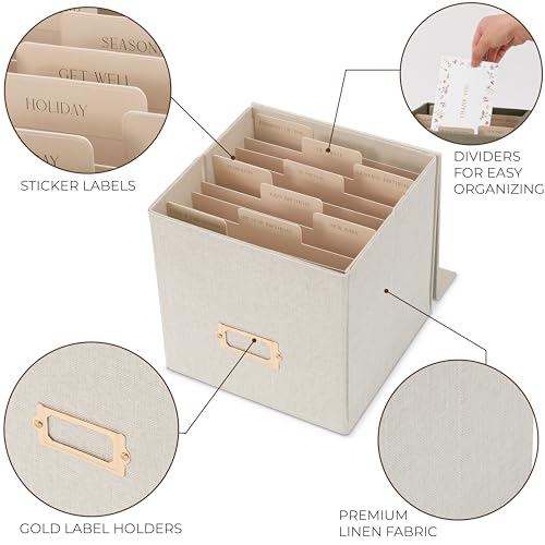 ZICOTO Beautiful Linen Greeting Card Organizer Box - Store and Organize All Your Cards In Style With This Foldable Box - Perfect Greeting Card Holder With Dividers and Stickers