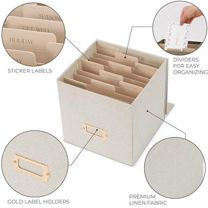 ZICOTO Beautiful Linen Greeting Card Organizer Box - Store and Organize All Your Cards In Style With This Foldable Box - Perfect Greeting Card Holder With Dividers and Stickers