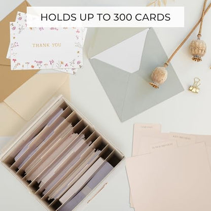 ZICOTO Beautiful Linen Greeting Card Organizer Box - Store and Organize All Your Cards In Style With This Foldable Box - Perfect Greeting Card Holder With Dividers and Stickers