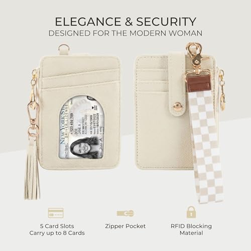 Stylish Wristlet Wallet for Women - Slim Design Credit Card Holder w/ Plenty of Storage incl. Clear ID Window & Zipper Pocket - Easy Carry RFID Blocking Keychain Wallet w/ Tassel, Lanyard & Gold Rings