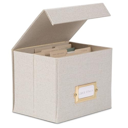 ZICOTO Beautiful Linen Greeting Card Organizer Box - Store and Organize All Your Cards In Style With This Foldable Box - Perfect Greeting Card Holder With Dividers and Stickers