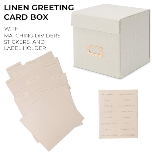 ZICOTO Beautiful Linen Greeting Card Organizer Box - Store and Organize All Your Cards In Style With This Foldable Box - Perfect Greeting Card Holder With Dividers and Stickers
