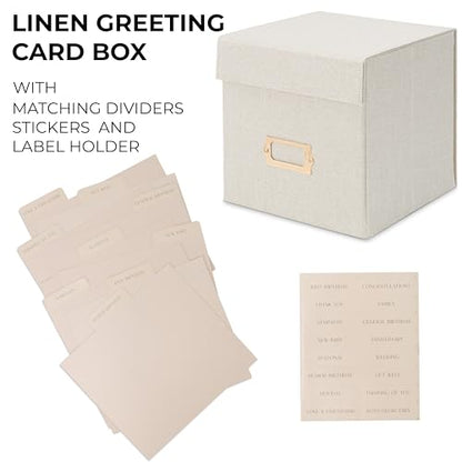 ZICOTO Beautiful Linen Greeting Card Organizer Box - Store and Organize All Your Cards In Style With This Foldable Box - Perfect Greeting Card Holder With Dividers and Stickers