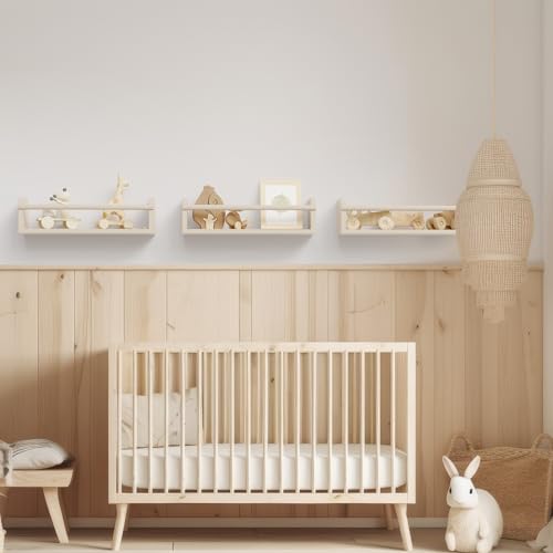 Decorative Nursery Bookshelves for Kids - Set of 3 Easy to Install Floating Shelves for Wall Mount - Beautiful Hanging Organizer Furniture for Your Baby Boy or Girl's Bedroom and Play Room Decor