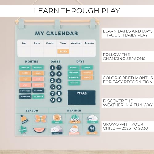 Beautiful Toddler and Kids Calendar - Perfect Homeschool Supplies with Months, Days of The Week, Season and Weather - Cute Play Room Essentials for Preschool Learning