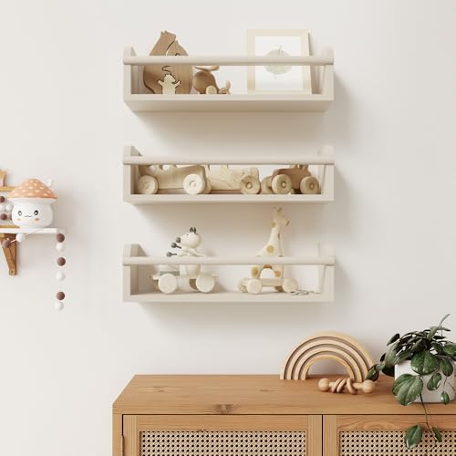 Decorative Nursery Bookshelves for Kids - Set of 3 Easy to Install Floating Shelves for Wall Mount - Beautiful Hanging Organizer Furniture for Your Baby Boy or Girl's Bedroom and Play Room Decor