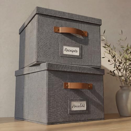 ZICOTO Decorative Ivory File Box Organizer Set of 2 - Collapsible Linen File Cabinet for Easy Folder Storage - Store All Your Documents and Folders in Style