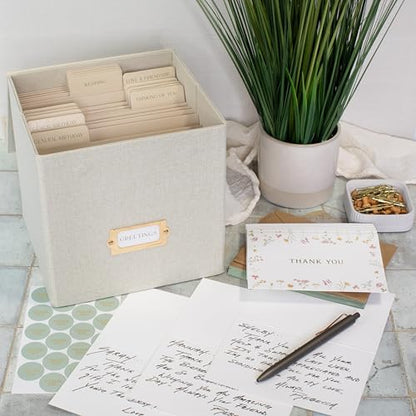 ZICOTO Beautiful Linen Greeting Card Organizer Box - Store and Organize All Your Cards In Style With This Foldable Box - Perfect Greeting Card Holder With Dividers and Stickers