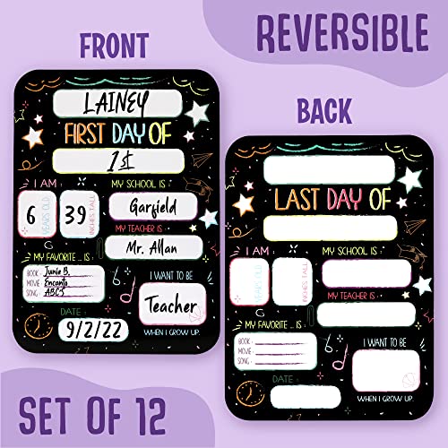 Beautiful First and Last Day of School Board Signs Set of 12 - Reversible 12" x 9" Back to School Cards for Lasting Memories - Perfect Photo Prop Chalkboard Prints for Kindergarten