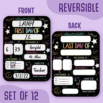 Beautiful First and Last Day of School Board Signs Set of 12 - Reversible 12" x 9" Back to School Cards for Lasting Memories - Perfect Photo Prop Chalkboard Prints for Kindergarten