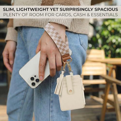 Stylish Wristlet Wallet for Women - Slim Design Credit Card Holder w/ Plenty of Storage incl. Clear ID Window & Zipper Pocket - Easy Carry RFID Blocking Keychain Wallet w/ Tassel, Lanyard & Gold Rings