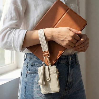 Stylish Wristlet Wallet for Women - Slim Design Credit Card Holder w/ Plenty of Storage incl. Clear ID Window & Zipper Pocket - Easy Carry RFID Blocking Keychain Wallet w/ Tassel, Lanyard & Gold Rings