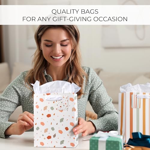 Beautiful Gift Bags Set of 4 - Medium Sized 9" Bags with Handles incl. Matching Tissue Paper, Cards & Small Stickers - Reusable & For Presents of Any Birthday, Weddings, Mothers Day & Other Occasion