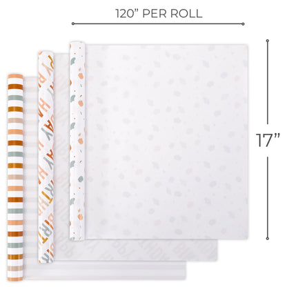 Beautiful Birthday Wrapping Paper - Set of 3 Quality Happy Birthday Paper Rolls For Medium Sized Gifts - Add a Touch of Magic to Every Gift You Wrap - 17 in x 120 in Per Roll For Boys and Girls