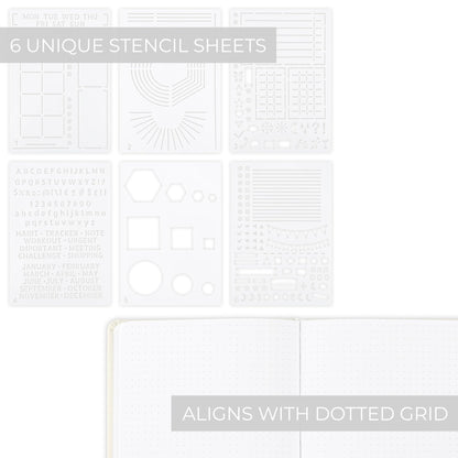 ZICOTO Ultimate All-in-One Journaling Kit - Incl. Journal Notebook With Linen Hardcover and Dotted Pages, Stencils, Stickers, Washi Tapes, Paper Clips and More Bullet Checklist Supplies