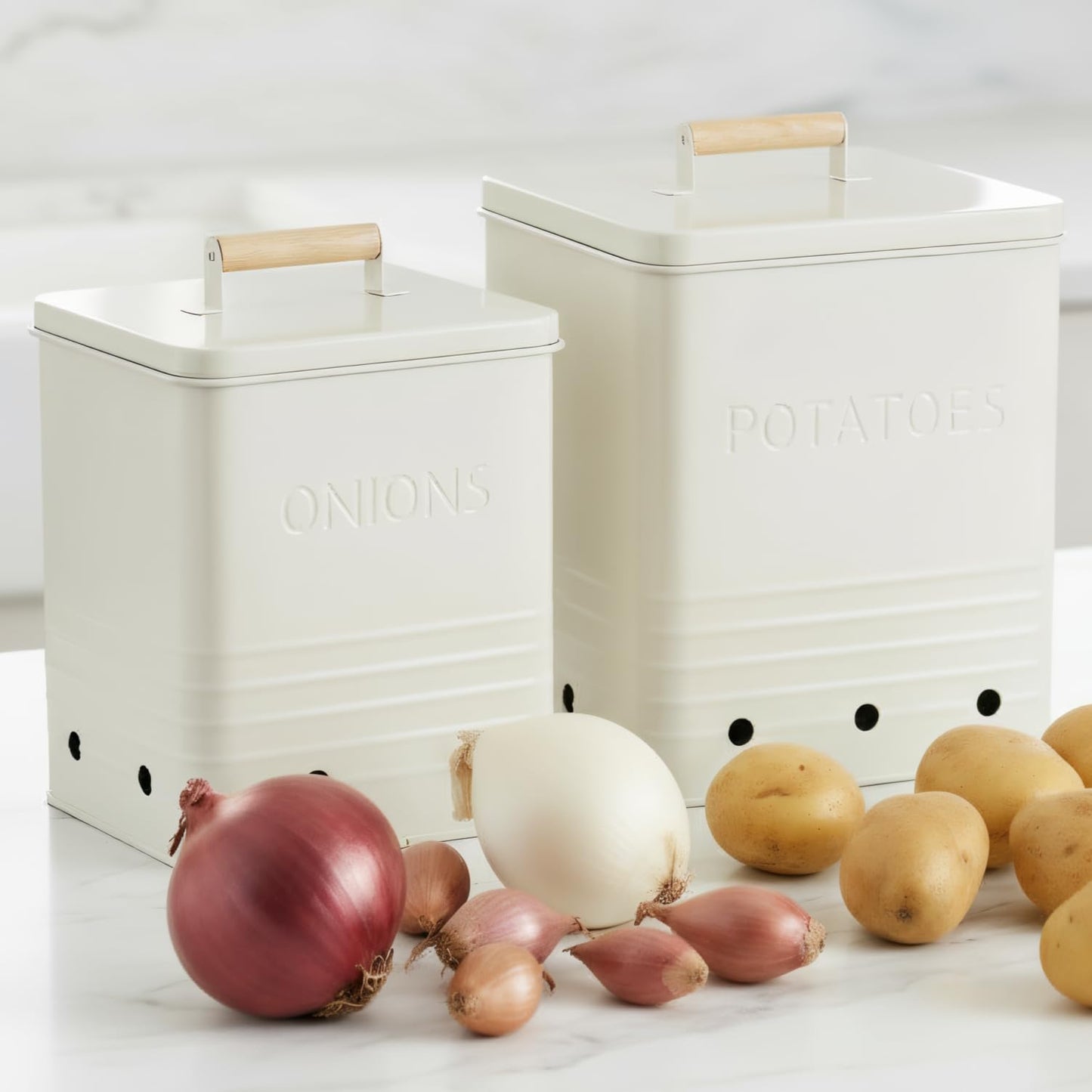 Beautiful Potato and Onion Storage Container Set - Perfectly Sized Spacious Canisters For Your Kitchen Counter Or Pantry - Quality Food Safe Metal Bins Keep Your Produce/Vegetables Fresh Longer