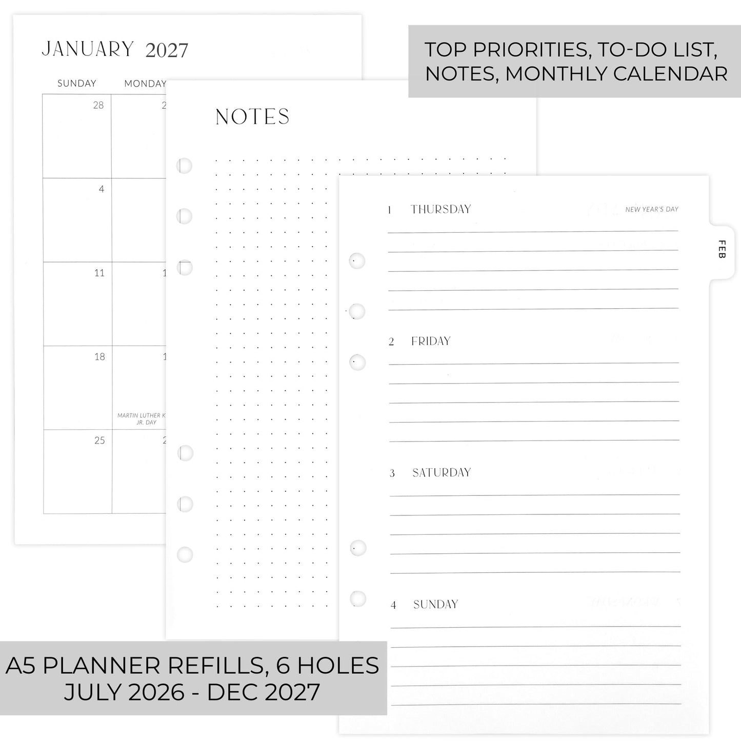 Beautiful 2026-2027 Daily Planner A5 Inserts for 6 Ring Binders - Durable Paper Refill Set 5.5" x 8.3" - Refills for Notebook Incl. Tabs & Monthly Calendar Spreads - From July 2026 - December 2027