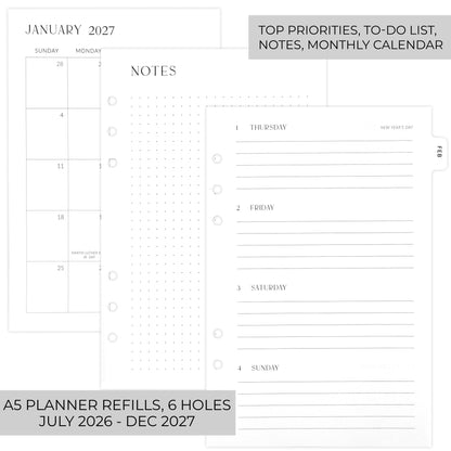 Beautiful 2026-2027 Daily Planner A5 Inserts for 6 Ring Binders - Durable Paper Refill Set 5.5" x 8.3" - Refills for Notebook Incl. Tabs & Monthly Calendar Spreads - From July 2026 - December 2027