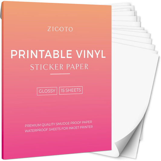ZICOTO Premium Printable Vinyl Sticker Paper - Glossy White 8.5 x 11 inch Sheets for Your Inkjet Or Laser Printer - 15 Waterproof Decal Paper Sheets Dry Quickly and Hold Ink Beautifully