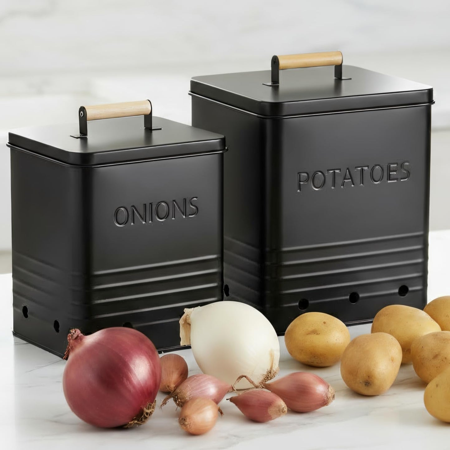 Beautiful Potato and Onion Storage Container Set - Perfectly Sized Spacious Canisters For Your Kitchen Counter Or Pantry - Quality Food Safe Metal Bins Keep Your Produce/Vegetables Fresh Longer