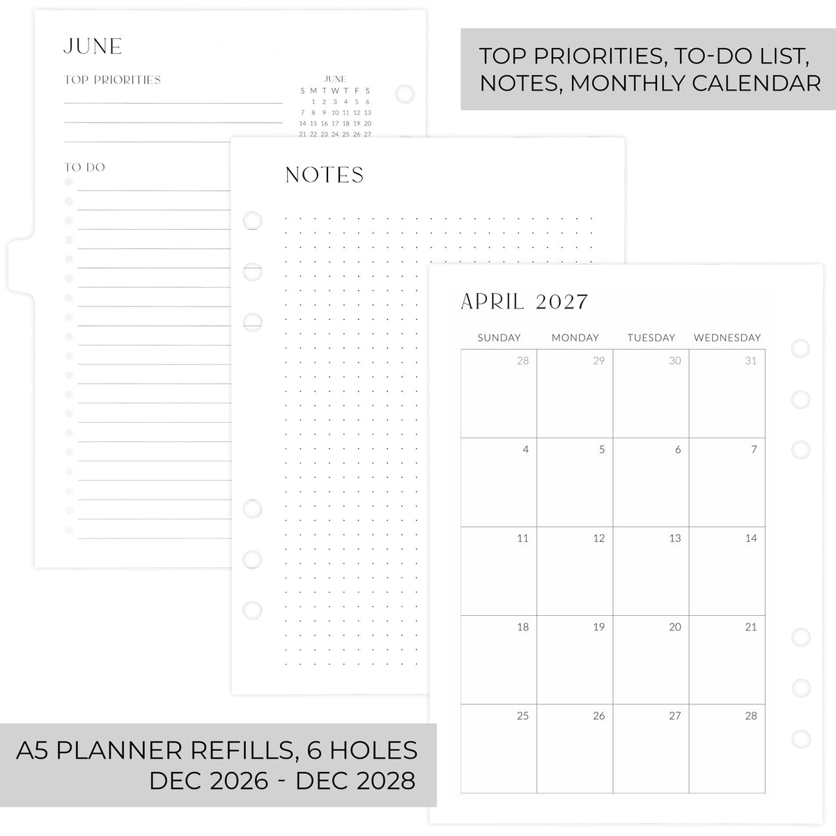 Beautiful 2027-2028 Monthly Planner Inserts for 6 Ring Binders