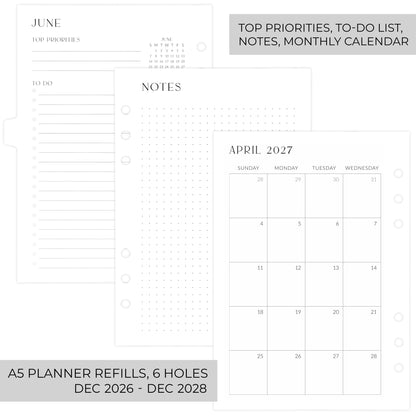 Beautiful 2027-2028 Monthly Planner Inserts for 6 Ring Binders