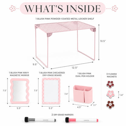 Stylish Locker Accessories Kit - Includes Shelf, Mirror, Whiteboard, Pen Holder, Cute Flower Magnets & Marker Set - All-in-One School Locker Decor & Organizer Set to Brighten Up Your School Day