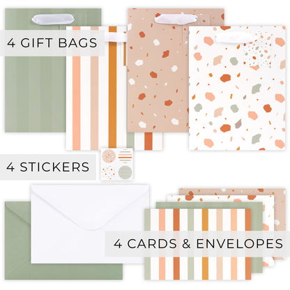 Beautiful Gift Bags Set of 4 - Medium Sized 9" Bags with Handles incl. Matching Tissue Paper, Cards & Small Stickers - Reusable & For Presents of Any Birthday, Weddings, Mothers Day & Other Occasion
